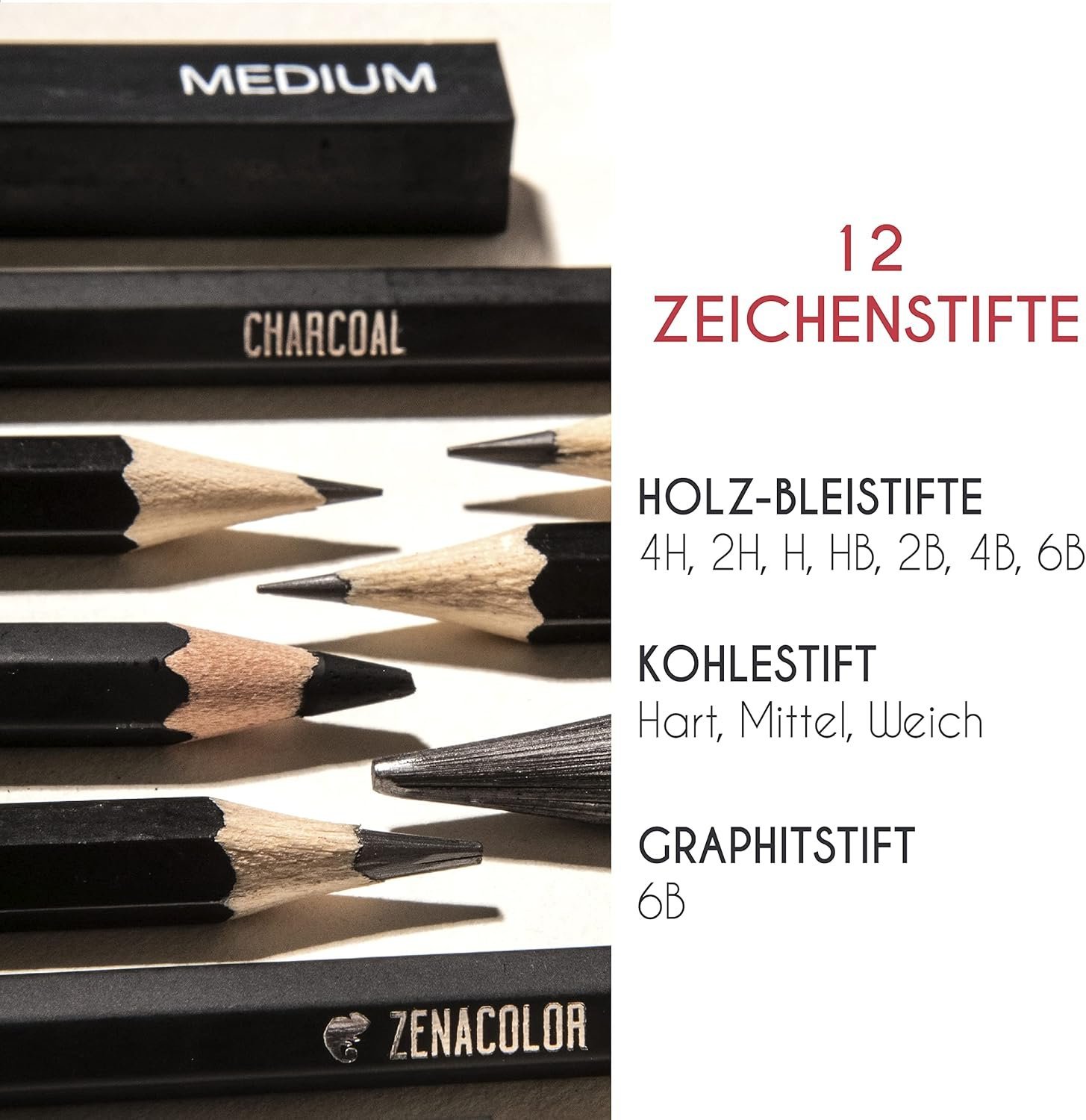 Zenacolor - Drawing set - 19 accessories: 8 Pencils, 3 Charcoal Pencils, 1 Graphite Pen, 2 Charcoal Sticks, 100 Page Sketchbook - Beginners – Bild 2