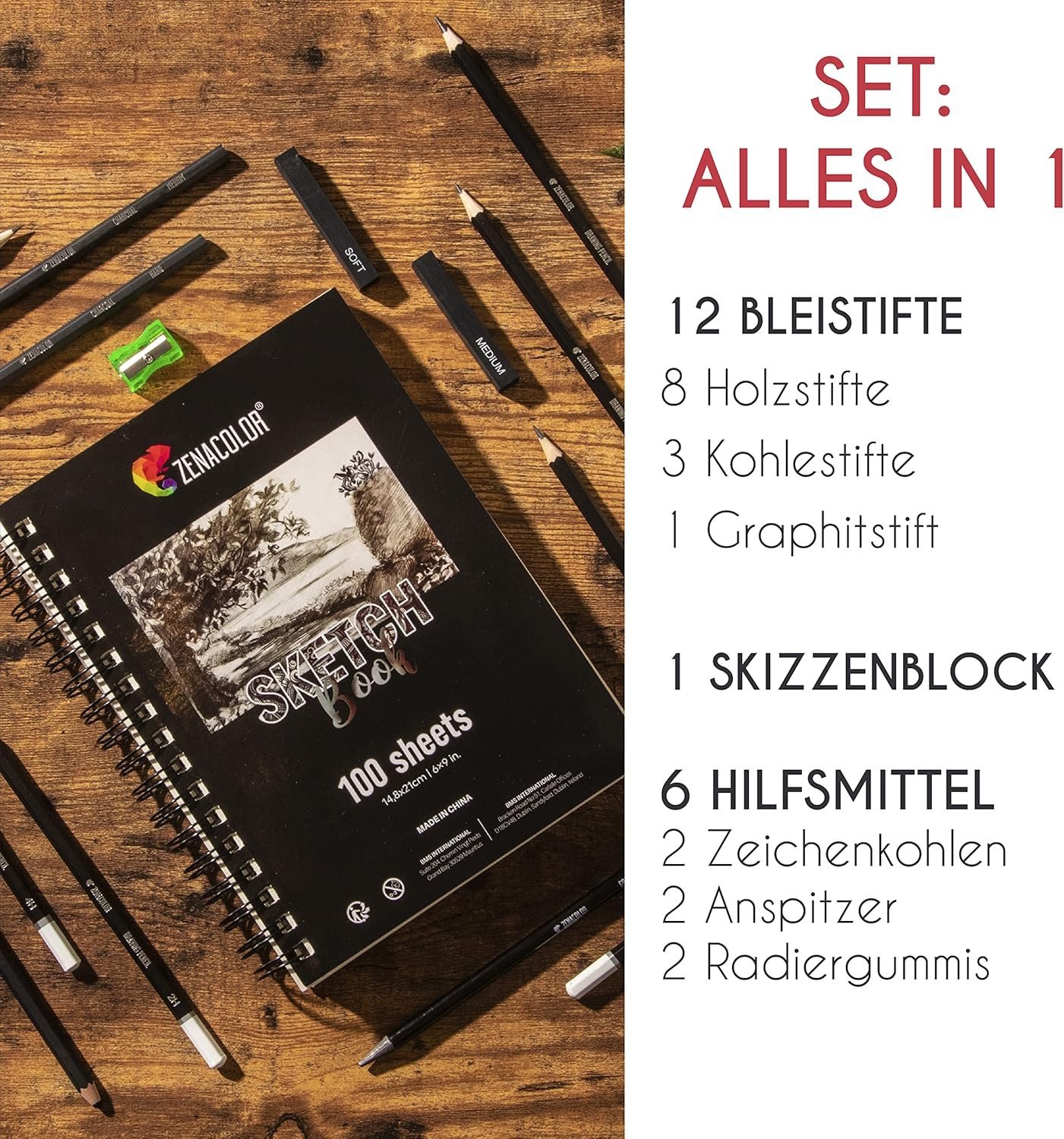 Zenacolor - Drawing set - 19 accessories: 8 Pencils, 3 Charcoal Pencils, 1 Graphite Pen, 2 Charcoal Sticks, 100 Page Sketchbook - Beginners – Bild 4