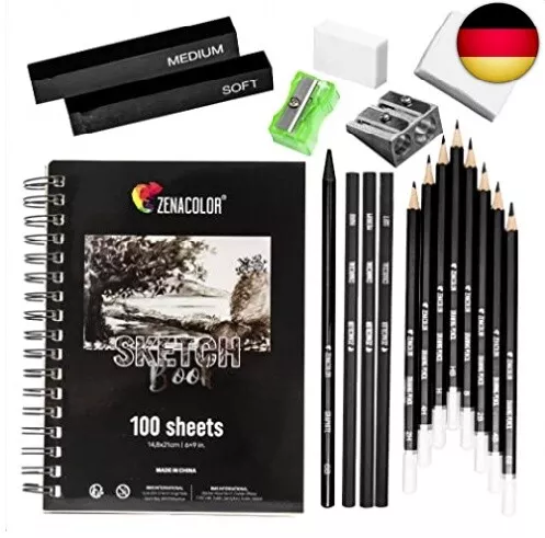 Zenacolor - Drawing set - 19 accessories: 8 Pencils, 3 Charcoal Pencils, 1 Graphite Pen, 2 Charcoal Sticks, 100 Page Sketchbook - Beginners